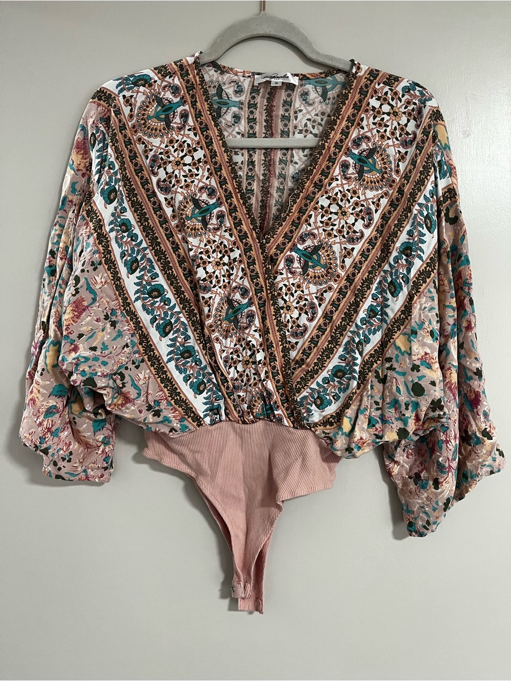 Floral Boho V-Neck Bodysuit in Mauve, Teal & Ivory